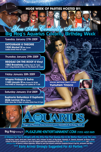Flyer design for Big Rog Aquarius Birthday Party Week