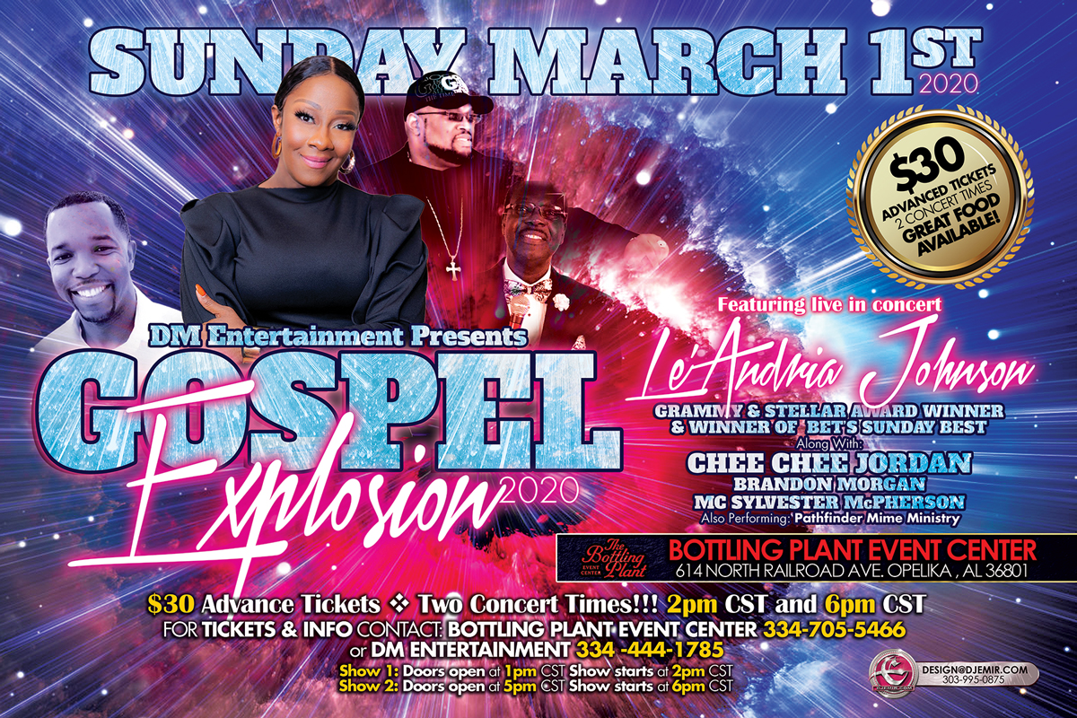 Gospel Explosion Flyer design Horizontal Banner and Poster featuring Grammy Award Winning Music Artist Le'Andria Johnson Chee Chee Jordan Brandon Morgan MC Sylvester McPherson at Bottling Plant Event Center