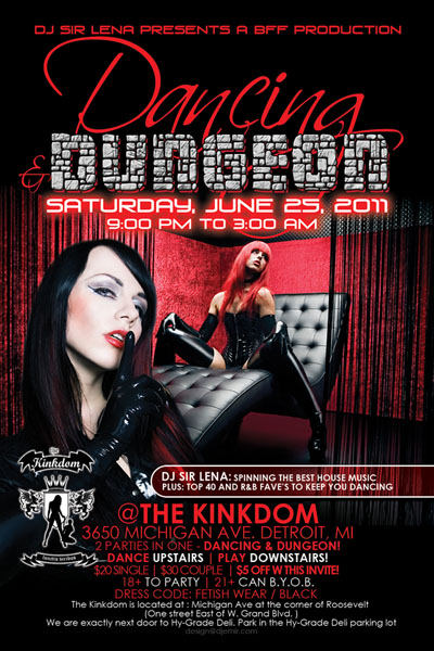 Flyer Design for Dancing and Dungeon Fetish Party @ Kinkdom Detroit Michigan Flyer Design Back