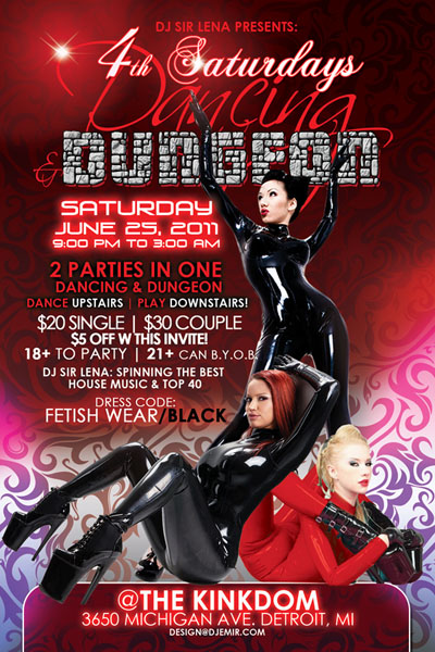 Flyer Design for Dancing and Dungeon Fetish Party @ Kinkdom Detroit Michigan Flyer front